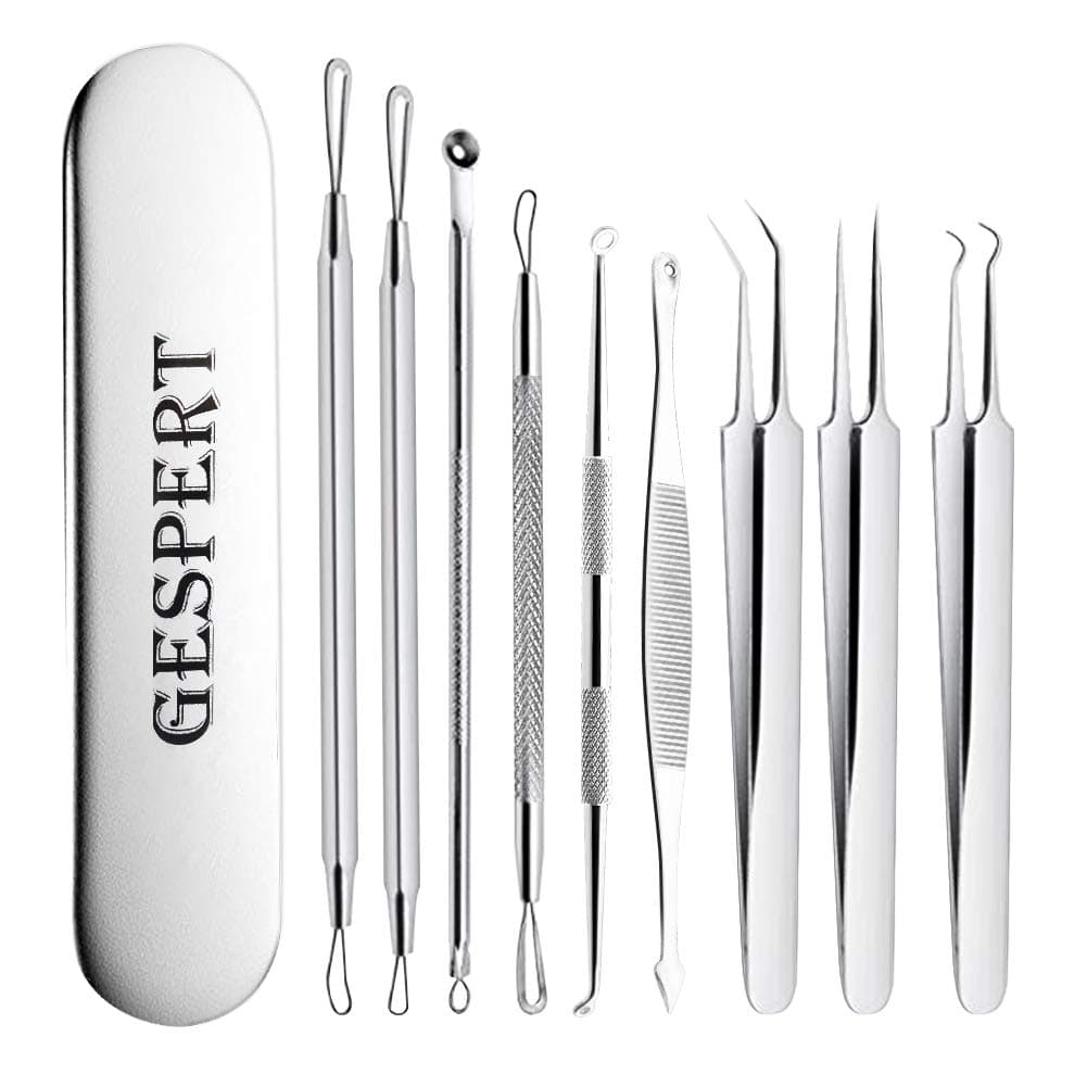 GESPERT Blackhead Remover Tweezers Kit, 9-in-1 Professional Stainless Comedone Extractor Acne Removal Tools - Silver