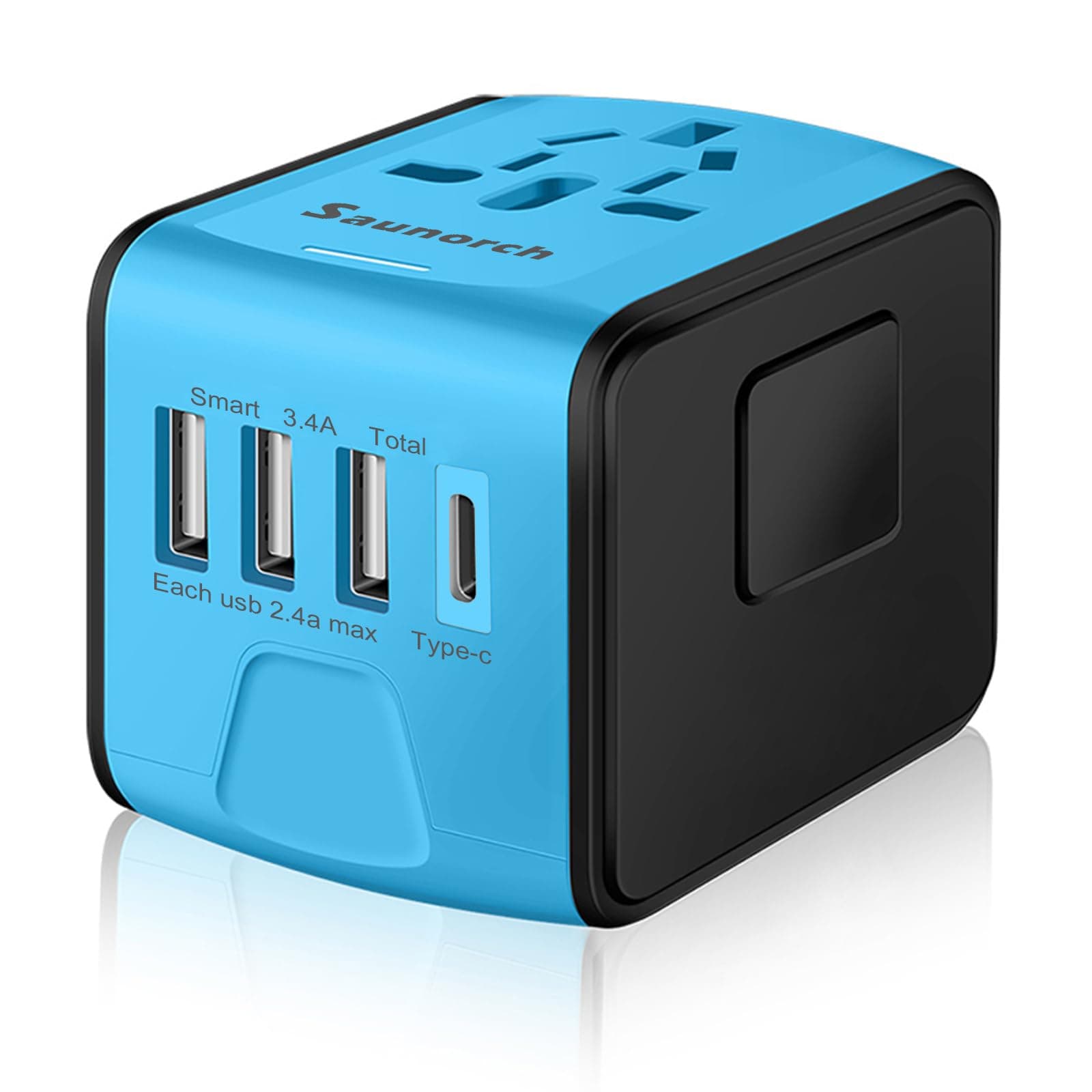 Universal International Travel Power Adapter W/High Speed 2.4A USB-A, 3.0A USB-C Wall Charger, European Adapter, Worldwide AC Outlet Plugs Adapters for Europe, UK, US, AU, Asia-Blue