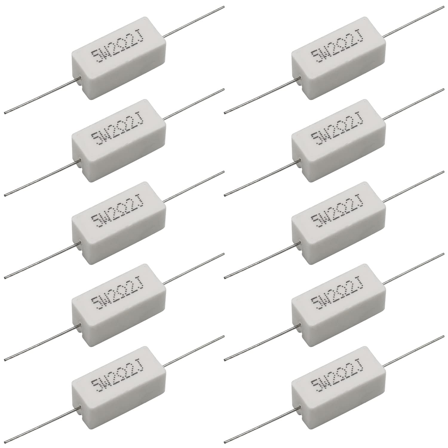 Cement Resistor,10 PCS 5W 5% Axial Lead Wire Resistor White Wound Fixed Ceramic Cement Resistors Wirewound Cement Power Resistors Flame Heat Moisture Resistance (5W2.2ΩJ)