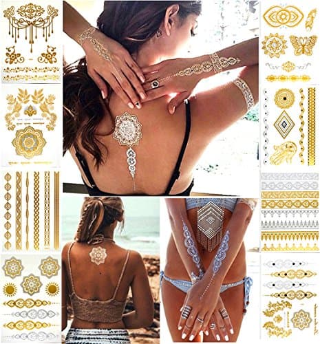 Nekomi Temporary Tattoos Metallic Henna Tattoos - Over 80 Jasmine,Mandala,Mehndi, Boho Tattoos in Gold and Silver (8 Sheets), Glitter Shimmer Designs Jewelry Tattoos,Color Flash Fake Waterproof Tattoo