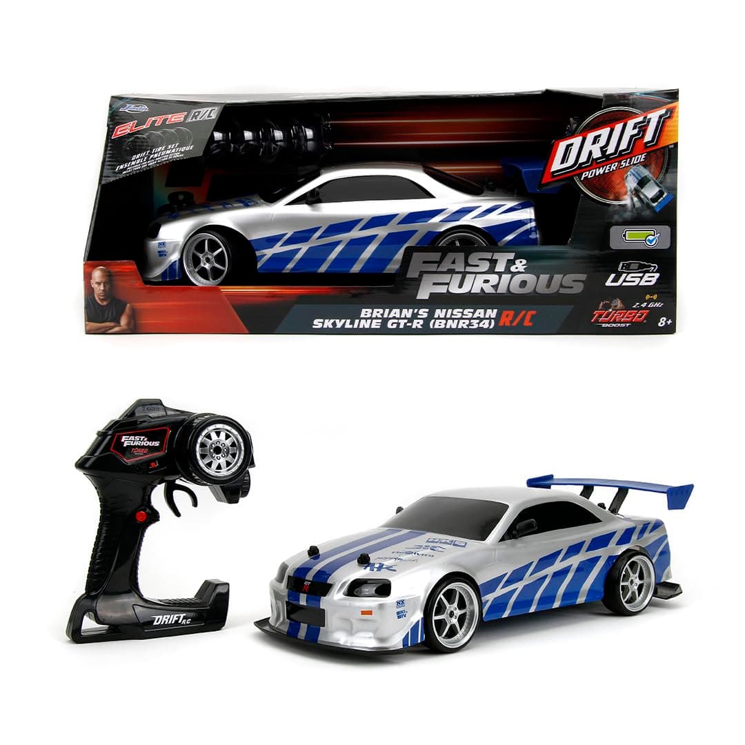 Jada 99701 Toys Fast & Furious Brian's Nissan Skyline GT-R (BN34) Drift Power Slide RC Radio Remote Control Toy Race Car with Extra Tires, 1:10 Scale, Silver/Blue 141