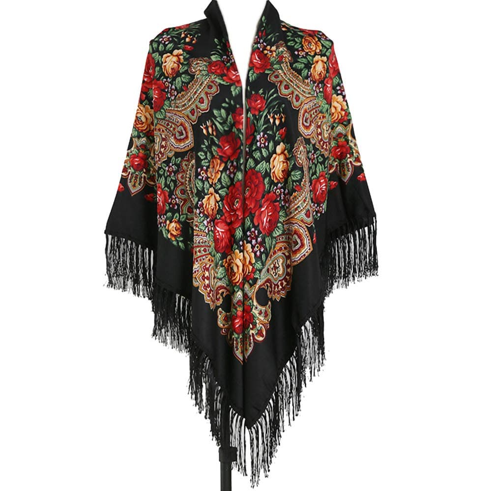 62"*62"Oversized Women's Traditional Retro Scarf Wrap Tassel Fringes Floral Poncho Shawl Printing Shawl