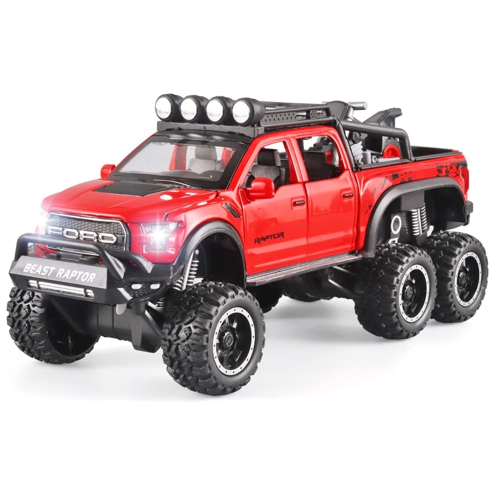 Toy Pickup Trucks F150 Metal Diecast Automobile Model，with Sound and Light、Pull Back for Kids Age 3 Year and up（Red）