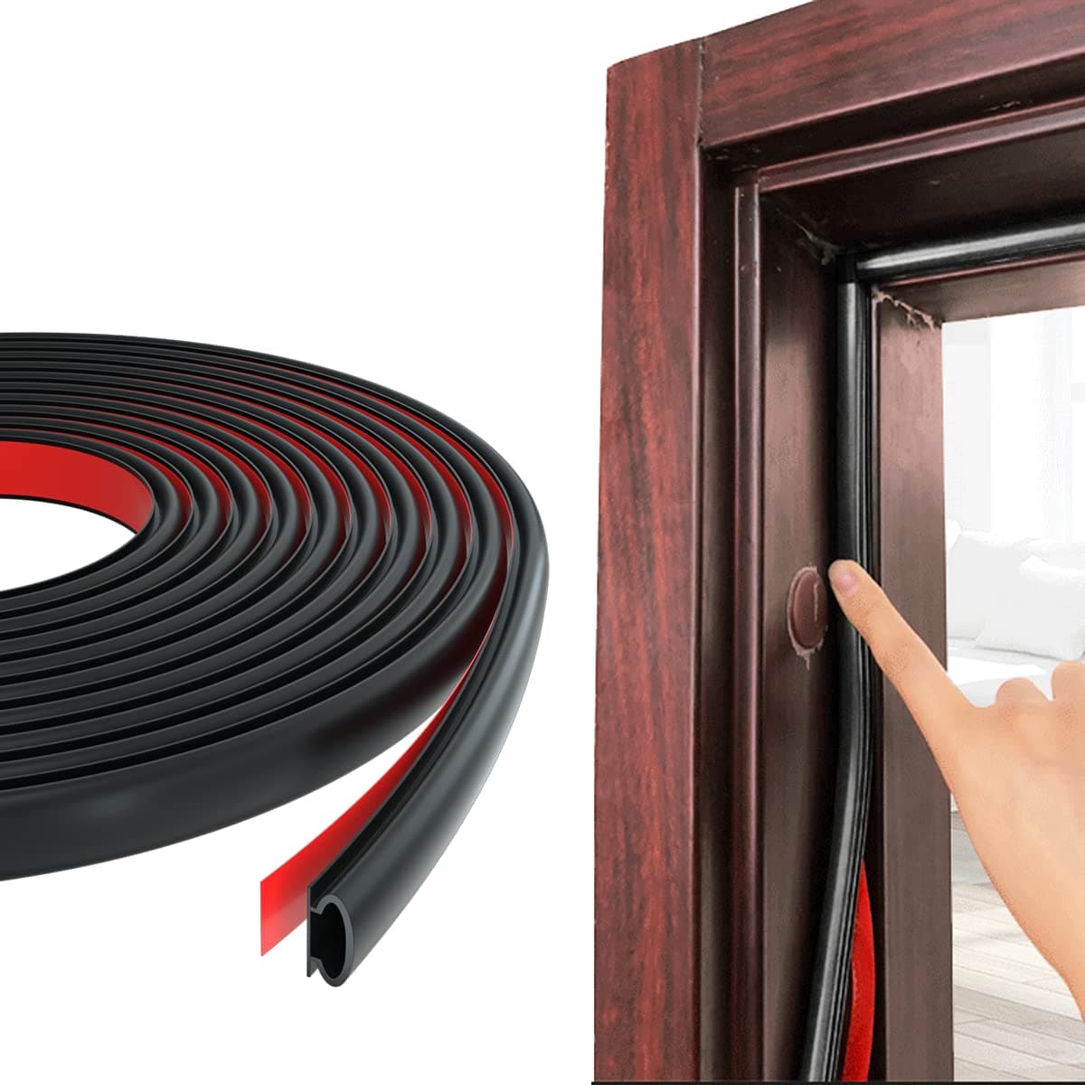 ESUFEIR 8M Black D-Shape Rubber Weather Stripping for 2.5-6mm Gap, Self Adhesive Door Frame Seal, Noise Wind Blocker for Cabinets, Caravan