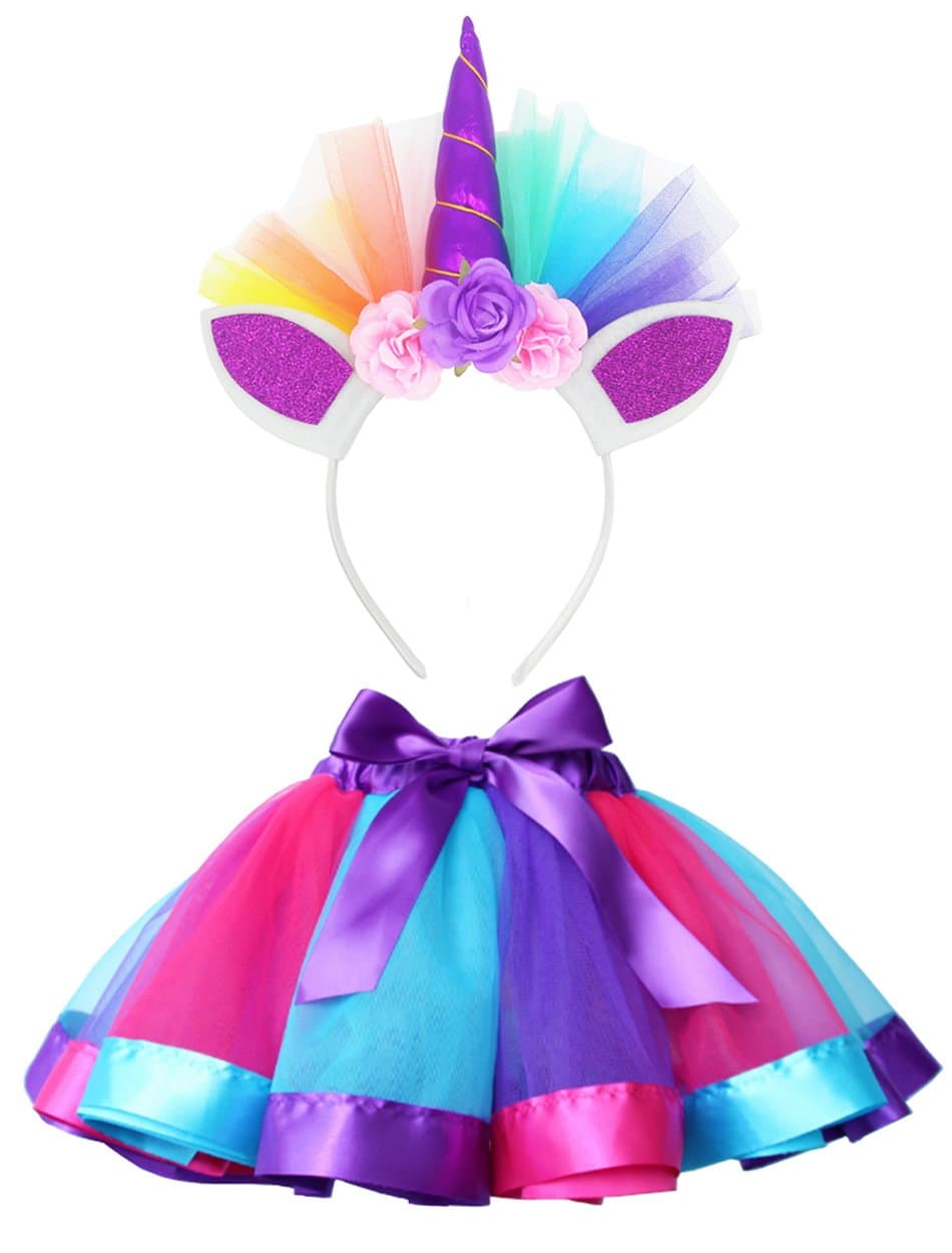 Little Girls Layered Rainbow Tutu Skirts with Unicorn Horn Headband