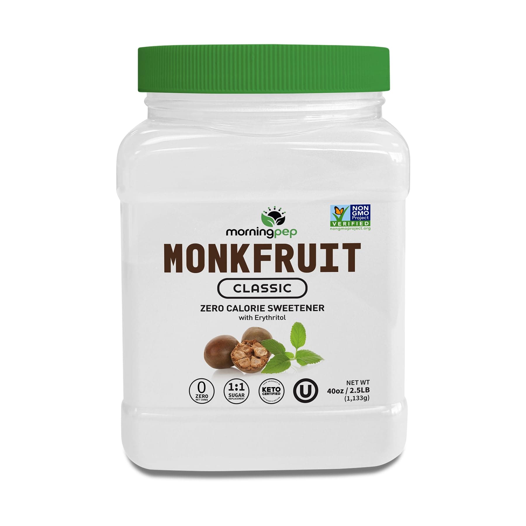 Monk Fruit Sweetener, Classic | White Sugar Substitute, Keto Diet Friendly, 1:1 Sugar Replacement, For Baking, Coffee, Tea, Zero Calorie Non Gmo Project Verified, OU Kosher, White - 2.5 lb