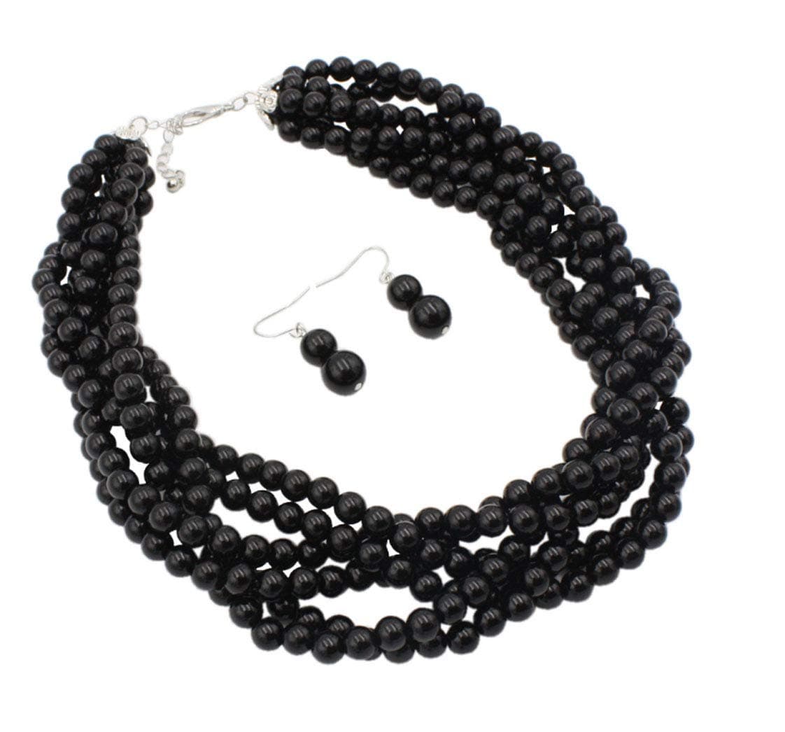 Twisted Multilayer Strand Faux Pearls Beads Cluster Choker Necklace and Earrings Set