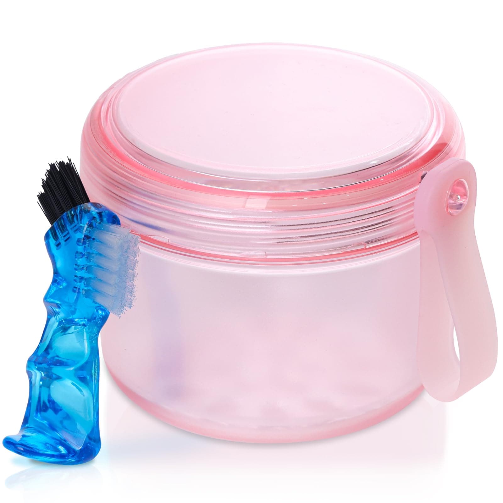 Denture Case, Leak Proof Denture Bath Cup for Travel, Denture Container Cups for Soaking Full & Partial Dentures, Retainers, Denture Cleaning Kit Holder Box with Denture Cleaner Brush-Transparent Pink