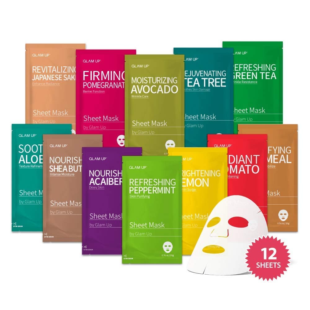 GLAM UP Korean Facial Sheet Mask 12 Combo Pack | Hydrating & Moisturizing Face Mask for Glass Skin | Soothing Korean Skincare for Sensitive, Dry Skin | Bulk Face Masks Gift Set for Home Spa