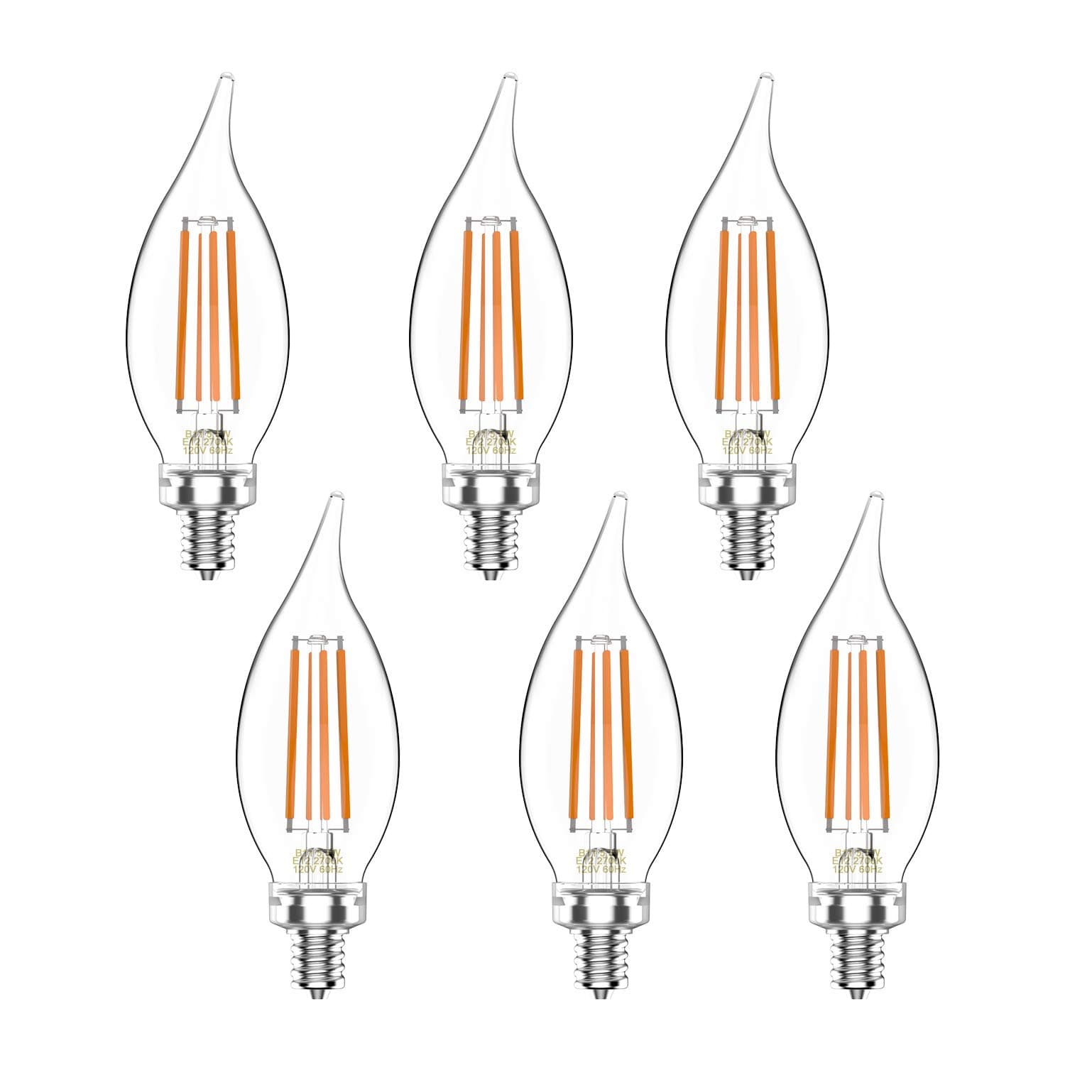 60W Equivalent Dimmable 5.5W BA11(CF35) Vintage LED Edison Filament Candles Light Bulbs, 500lm Clear Glass Candelabra/Chandelier Bulbs, 2700K Soft White Light, E12 Base, 6PCS