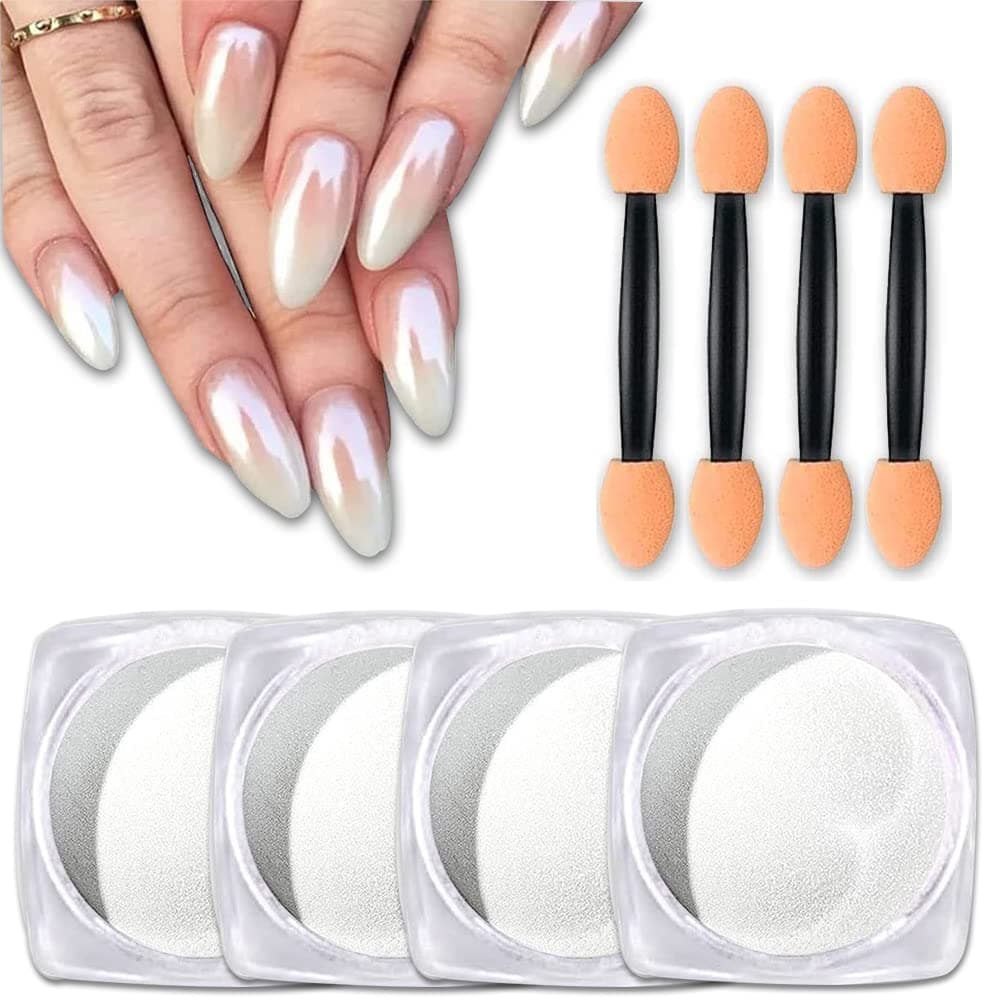 4 Boxes White Pearl Mermaid Rainbow Holographic Nail Powder Magic White Chrome Powder Symphony Shell Nail Powder Aurora Chrome Nail Powder Metallic Mirror Chameleon Nail Powder Gradient