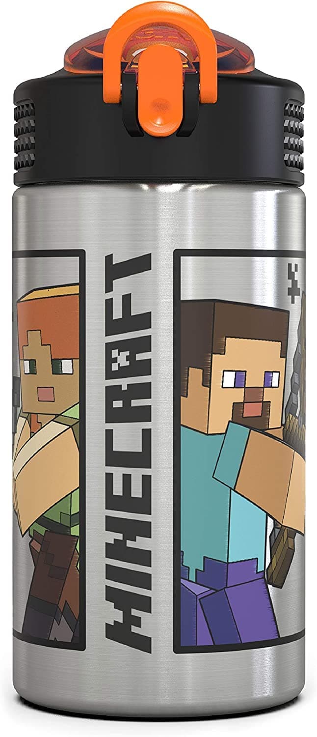 Minecraft - Stainless Steel Water Bottle with One Hand Operation Action Lid and Built-in Carrying Loop, Kids Water Bottle with Straw Spout is Perfect for Kids (15.5 oz, 18/8, BPA Free)
