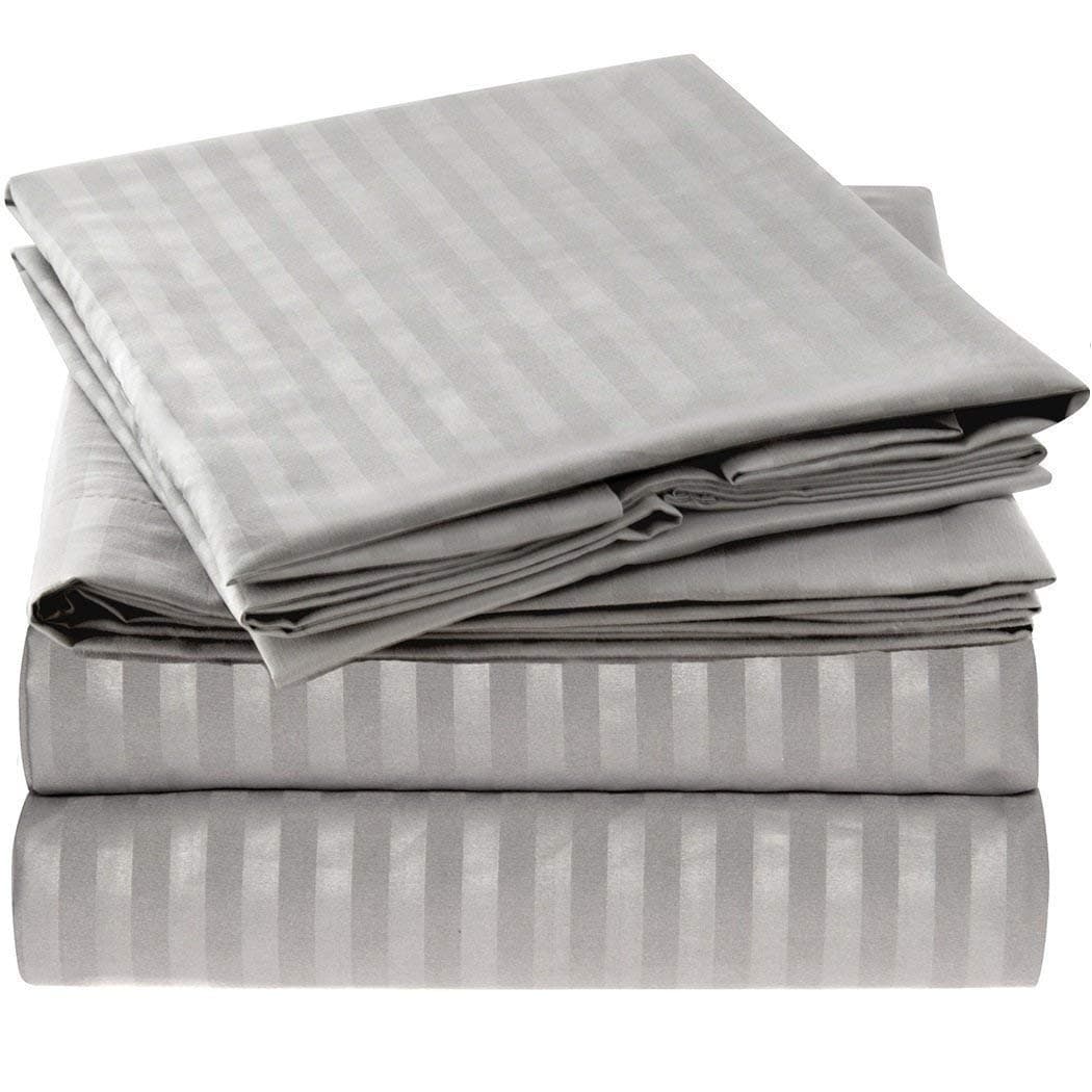 3 Piece Fitted Sheet up to 30 inches Deep Pocket,1000-Thread-Count Egyptian Cotton,Queen Size,Silver Grey Stripe (26-30 Inch Deep Pocket)
