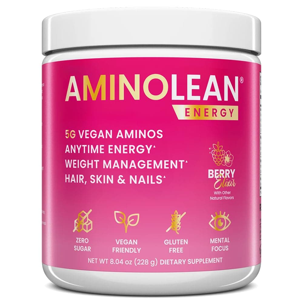 AminoLean Pre Workout, Clean Energy with No Jitters, Tingles or Crash, Vegan Friendly with Added Biotin for Hair, Skin, Nails, Berry Elixir, 30 Servings