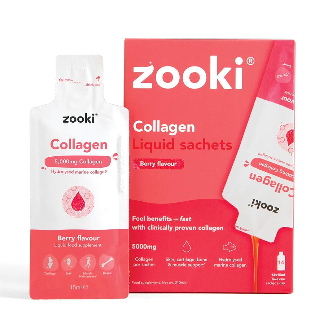 Zooki Marine Collagen Liquid Sachets 5,000mg – Great Taste, Sugar Free – High Strength Marine Collagen Supplements for Women & Men – Skin, Joints & Hair (Berry Flavour, 14 Servings)