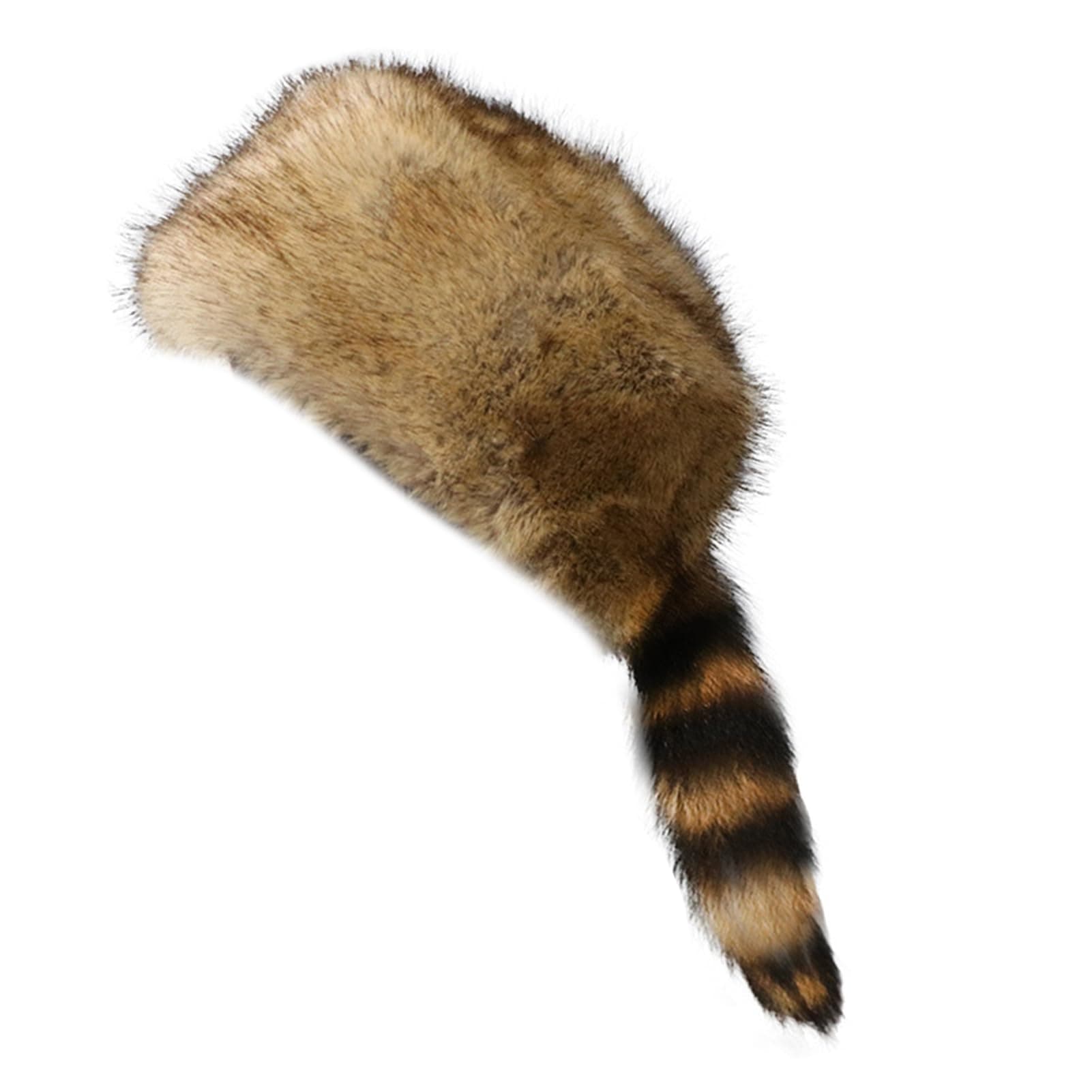 Cossack Style Faux Fur Raccoon Tail Coonskin Cap, Round Flat Top Boone Hat Raccoon Tail Hats for Winter