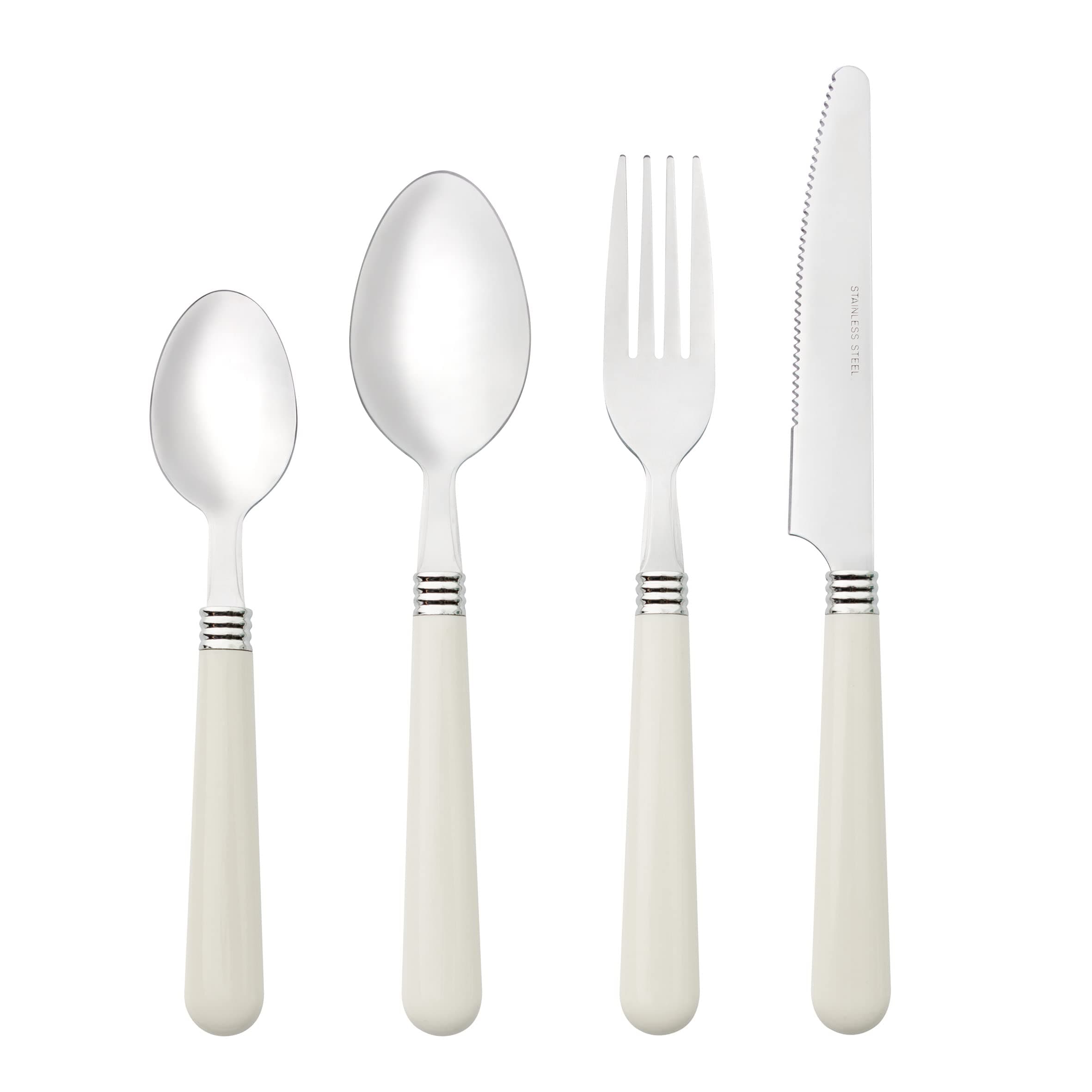 Baroni Home Set of 24 Stainless Steel Tableware, Cutlery with Plastic Handle for 6 People, Dishwasher Safe, Fork, Knife, Spoon, Tea or Sweet Spoon, White