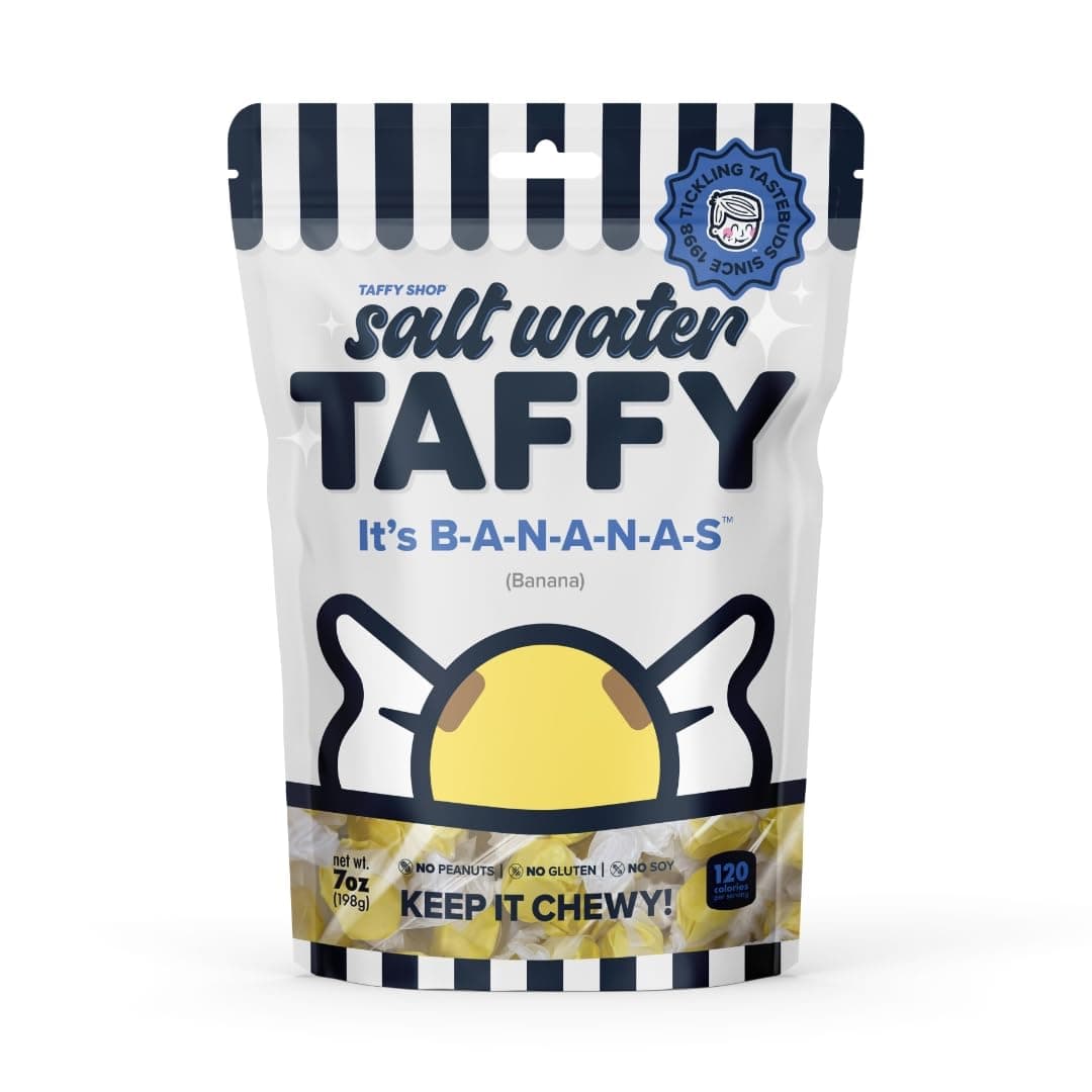 Taffy Shop It's BANANAS, Banana Salt Water Taffy – Gourmet Soft Chewy Candy, Bulk Sweet Snack, Fresh Gift & Gluten-Free, 30 Individually Wrapped Pieces (7oz)
