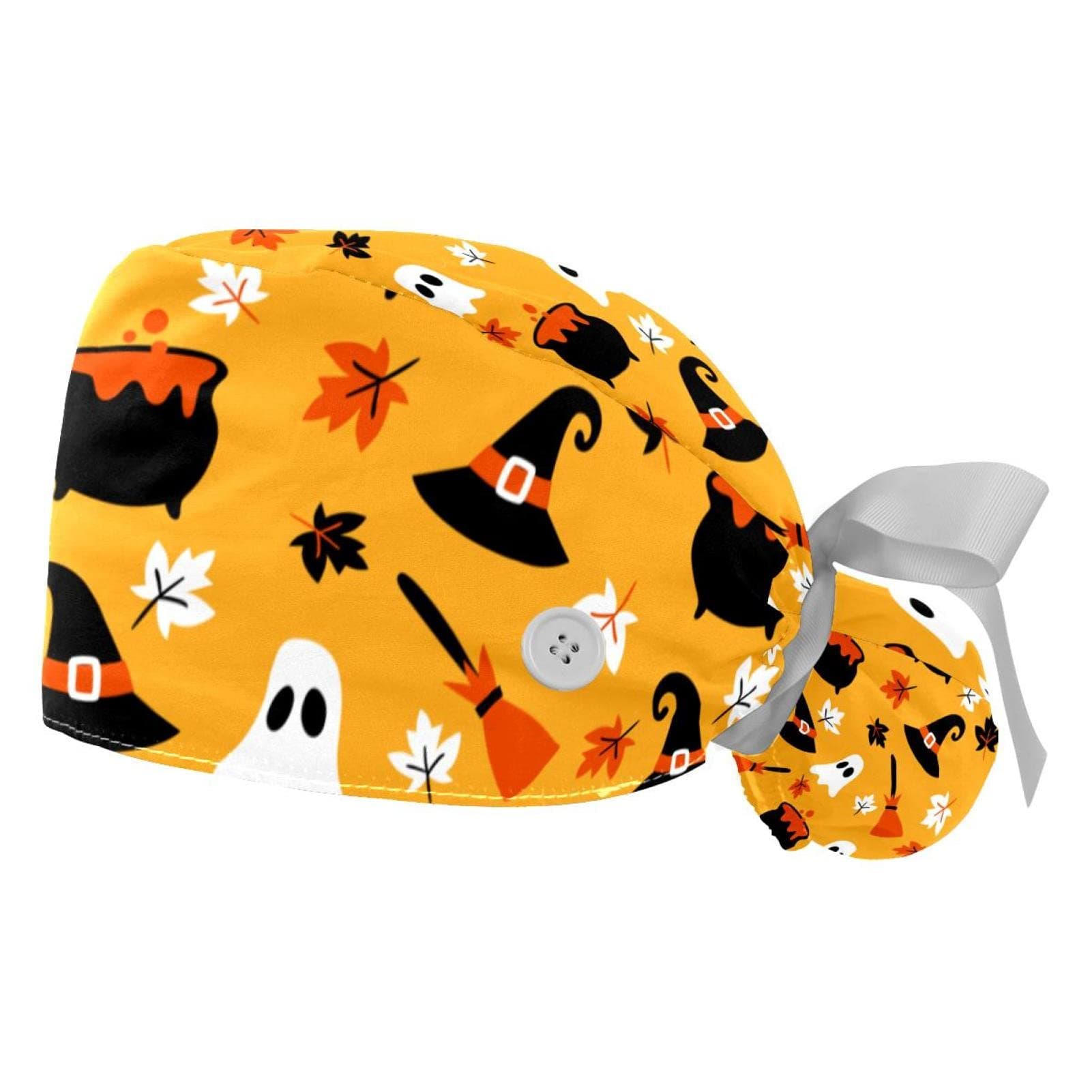 Podery2 Pcs Bouffant Cap with Button Ponytail Pouch Cotton Working Hat Sweatband Adjustable Surgical Caps Halloween Candy