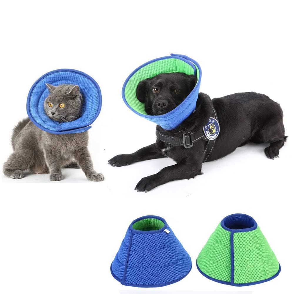 HanryDongDog Breathable Mesh Recovery Elizabethan Collar, Cat Soft Comfy Adjustable E-Collar, Double Side Blue Green Quicker Healing Pet Cone