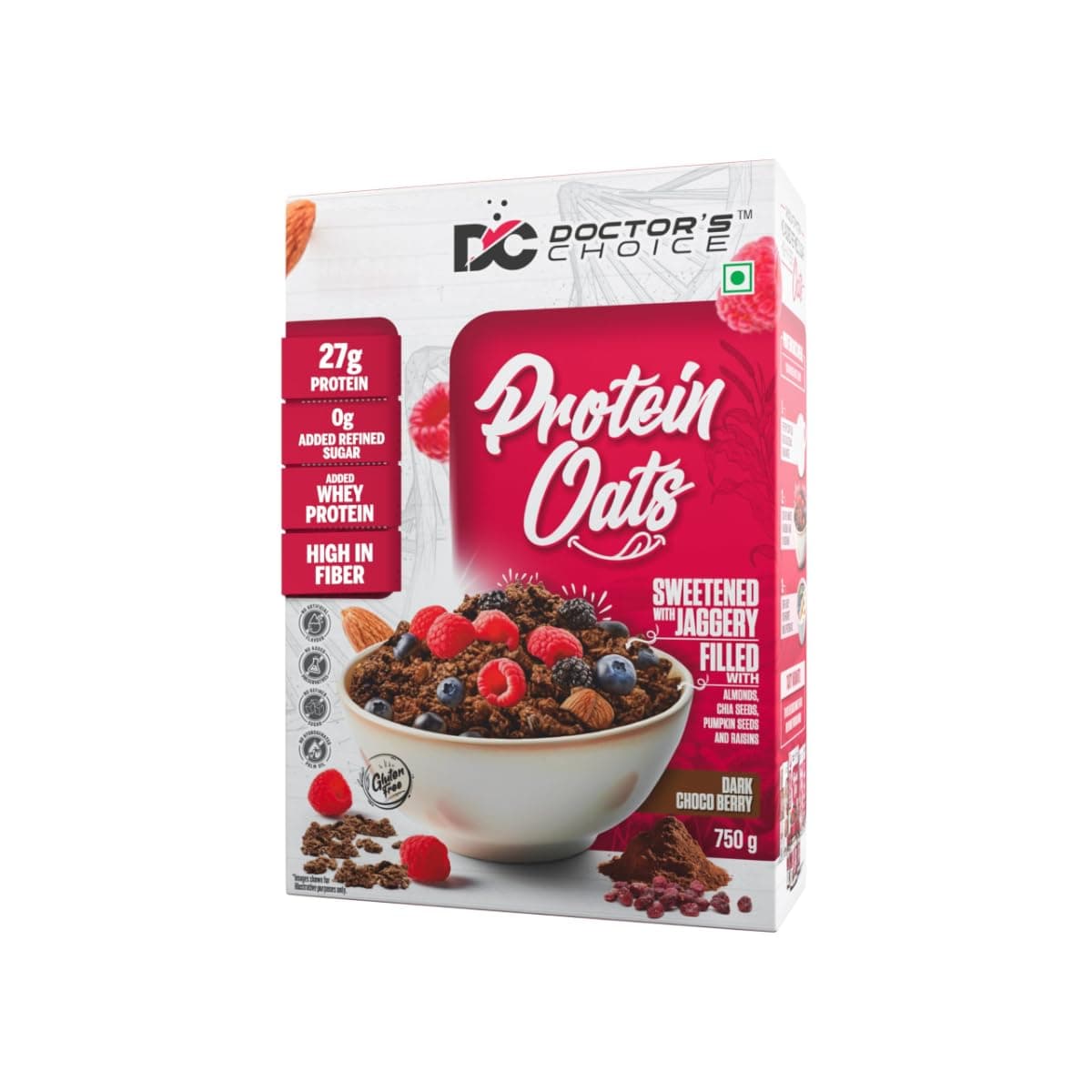 DC DOCTORS CHOICE Oats, High Protein Oats, 27G Pure Protein Breakfast Cereals, Rich in Fiber, No Additives and No Refine Sugar. (750g, Dark Choco Berry)