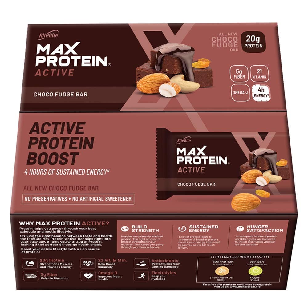 RiteBite Max Protein Active Choco Fudge Protein Bars with 20g Protein, 5g Fiber & 21 VIT. & Minerals | No Cholesterol & Trans Fat for Upto 4h of Energy, Healthy Snack, 75g (Pack of 12)