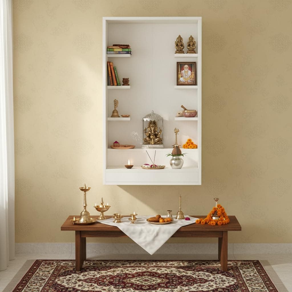 FURNEASER Ketki Wall Mounted Wooden Pooja Mandir for Home | Compact Temple Unit with Shelves for Idols & Frames | Engineered Wood in Frosty White Finish | 85x50x28 cm