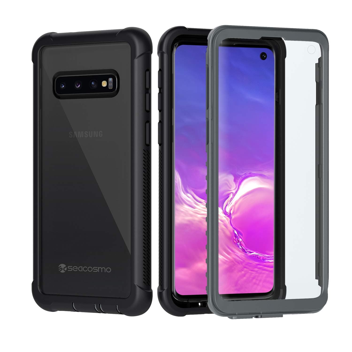 seacosmo Samsung S10 Case with Screen Protector, Galaxy S10 Cover Shockproof Full Body Protective [Compatible with Fingerprint Sensor] Slim Fit Bumper Phone Case for Samsung Galaxy S10 - Black/Grey
