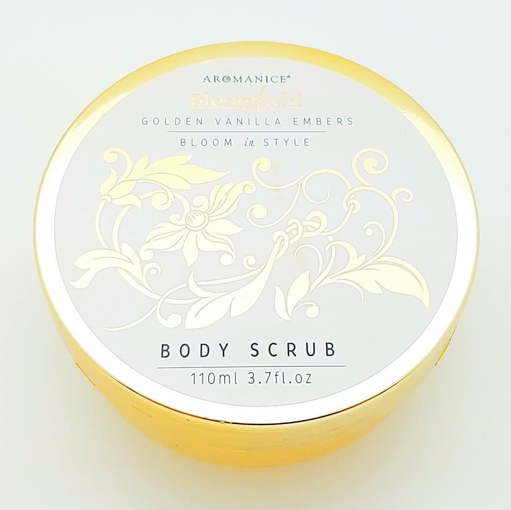 Aromanice Bloomfield Golden Vanilla Embers 4-Piece Shower Bath Gift Set in Decorative Box - Shower Gel, Body Scrub, Body Lotion, & Golden Mini Loofah Ball - Bloom in Style