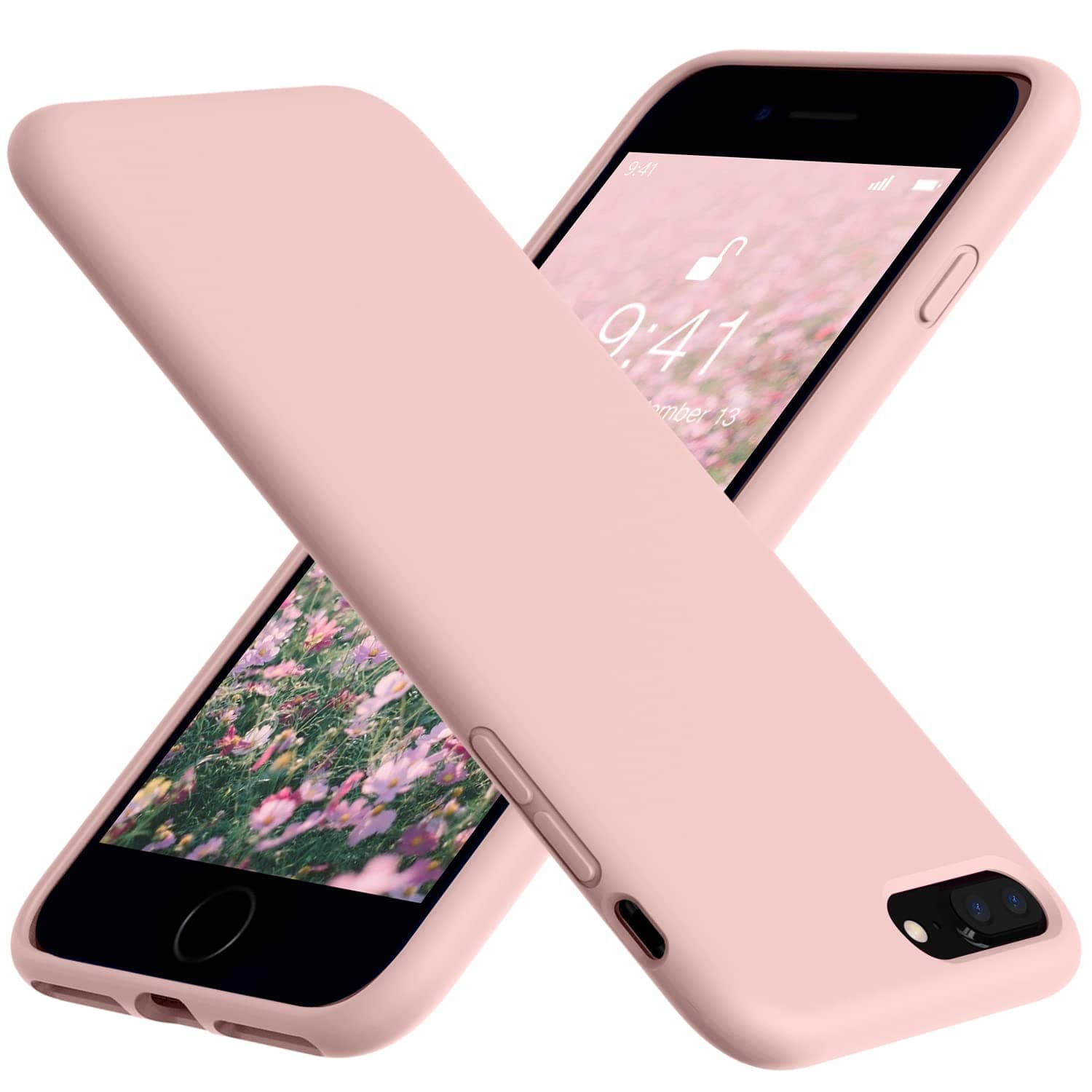 Vooii for iPhone 8 Plus /7 Plus - Soft Silicone Gel Bumper Case with Microfiber Lining, Hard Shell, Shockproof, Full-Body Protection - Sand Pink