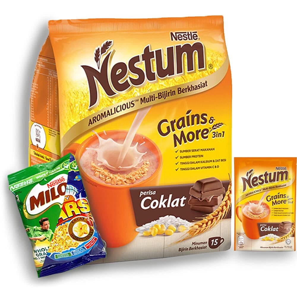 Nestum All Family 3-in-1 Instant Ce'real Milk Drink and 1-Pack Nestle Ce'real Snack Bundle (Milo or Koko Krunch or Honey Star, 30 g) - Low Fat Milk Ce'real Made with Wholemeal Wheat, Rice & Corn Grits, Fortified with Vitamins (Chocolate, 14 Sachets)