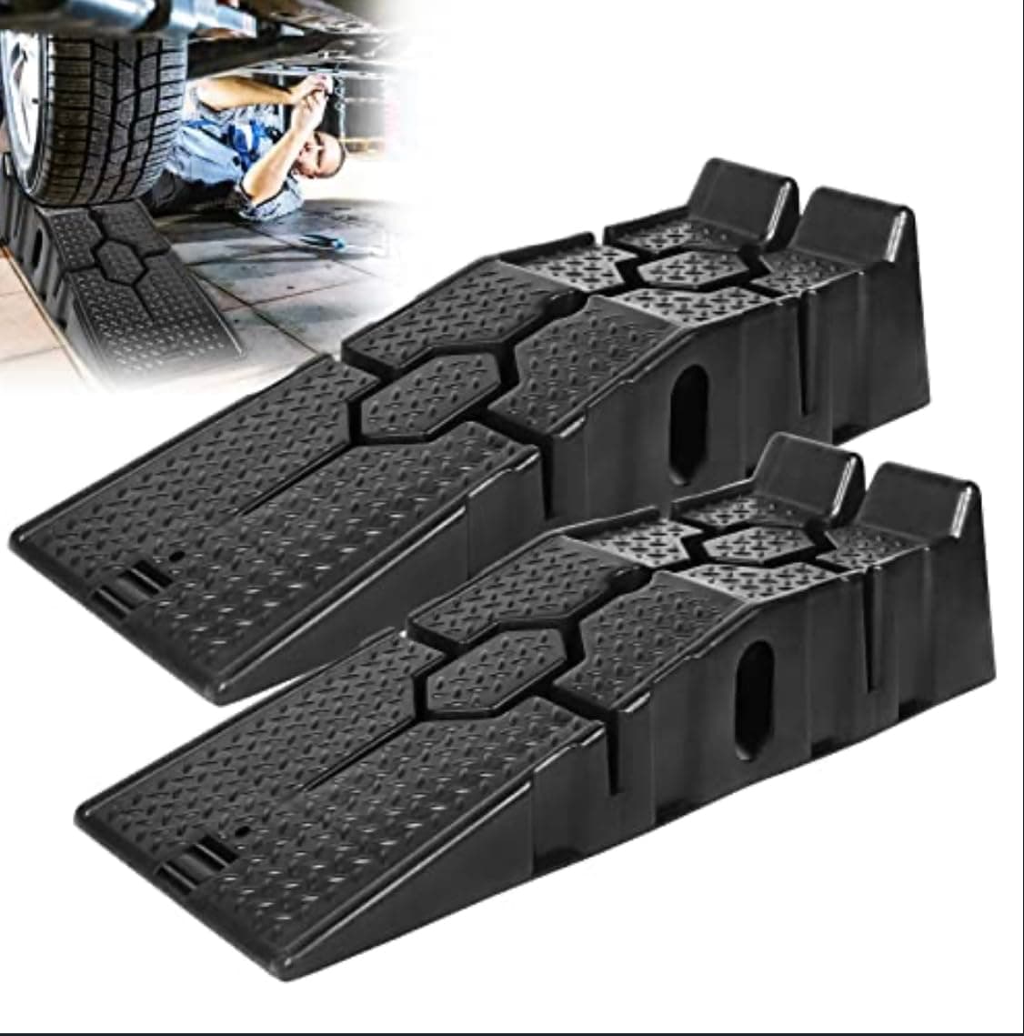 Antiskid Car Ramp Set of 2 Universal Drive-On 2-Stage Incline Ramps, 3 Ton (6000 lb) Lifting Capacity, Nestable & Portable Auto Service Ramp