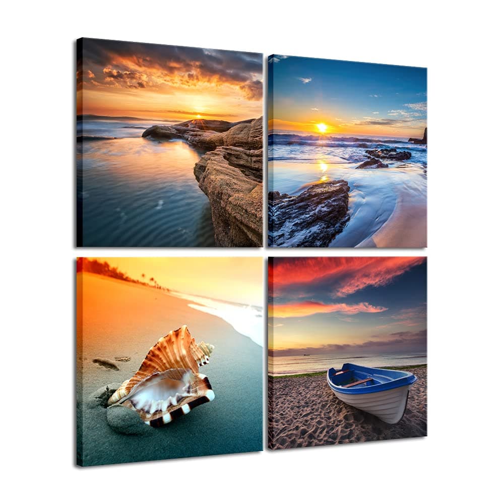 PyradecorLarge Sunset Sea Beach Modern Seascape Pictures Paintings on Canvas Wall Art 4 Panels Giclee Canvas Prints Artwork for Living Room Bedroom Home Office Decorations