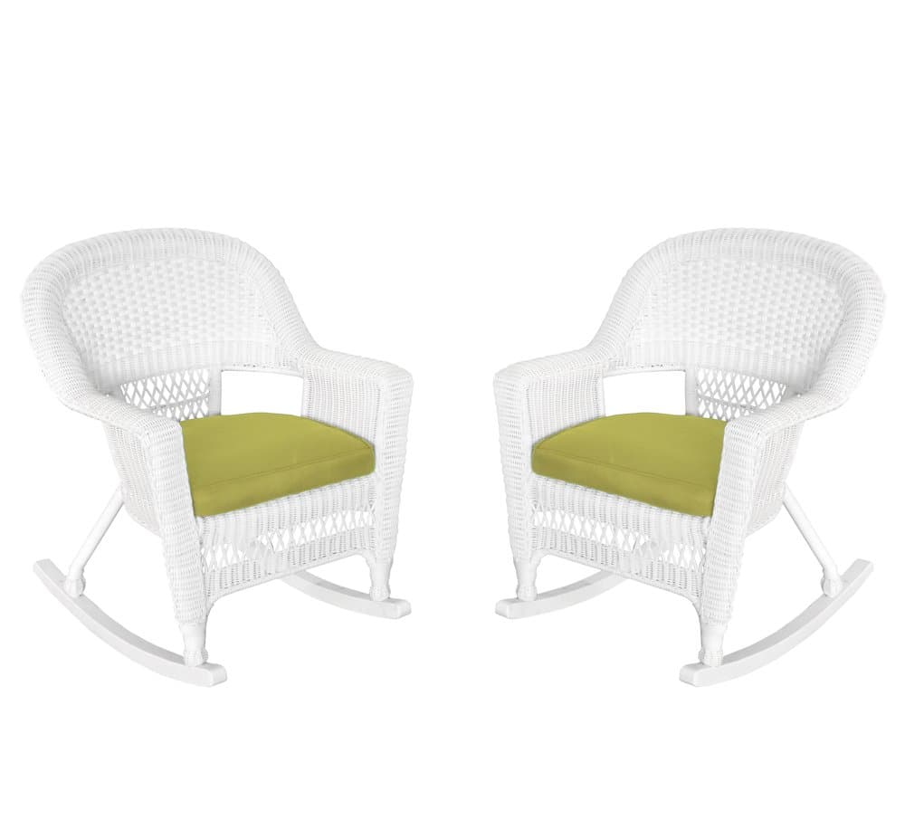 JecoRocker Wicker Chair with Green Cushion, Set of 2, White