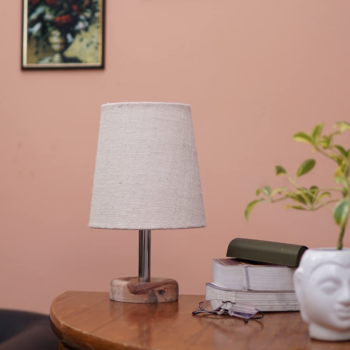 PineCraft International Edra Table Lamp with Shade Night Lamp for Living Room, Study Room, Bedroom & Home Decor Gift Item 14 inch Height Wooden Study Lamp with Beige Shade, 1 Piece