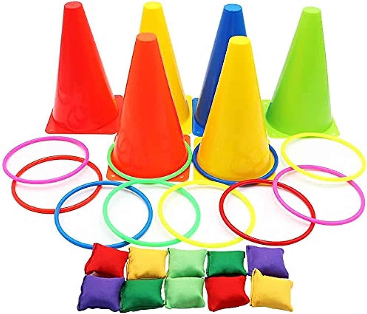 Brexem Carnival Games Outdoor Set is a 3-in-1 combo set of outdoor games for kids, 26pcs soft plastic cones, Bean Bags, and a ring-toss game indoor and outdoor birthday parties ,backyard games.