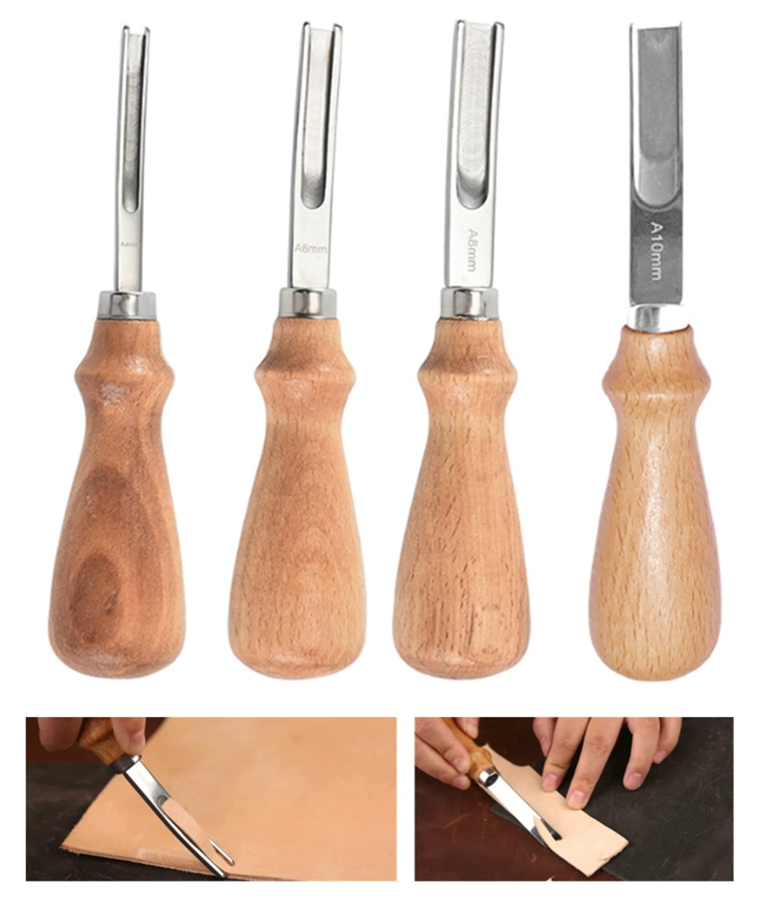 Leather Edge Skiving Beveler Tool Set,French Beveler,Wide Mouth Leathercraft Edge Skiving Beveler Leather Edge Trimmer with Wooden Handle Four Sizes(4mm,6mm,8mm and 10mm)