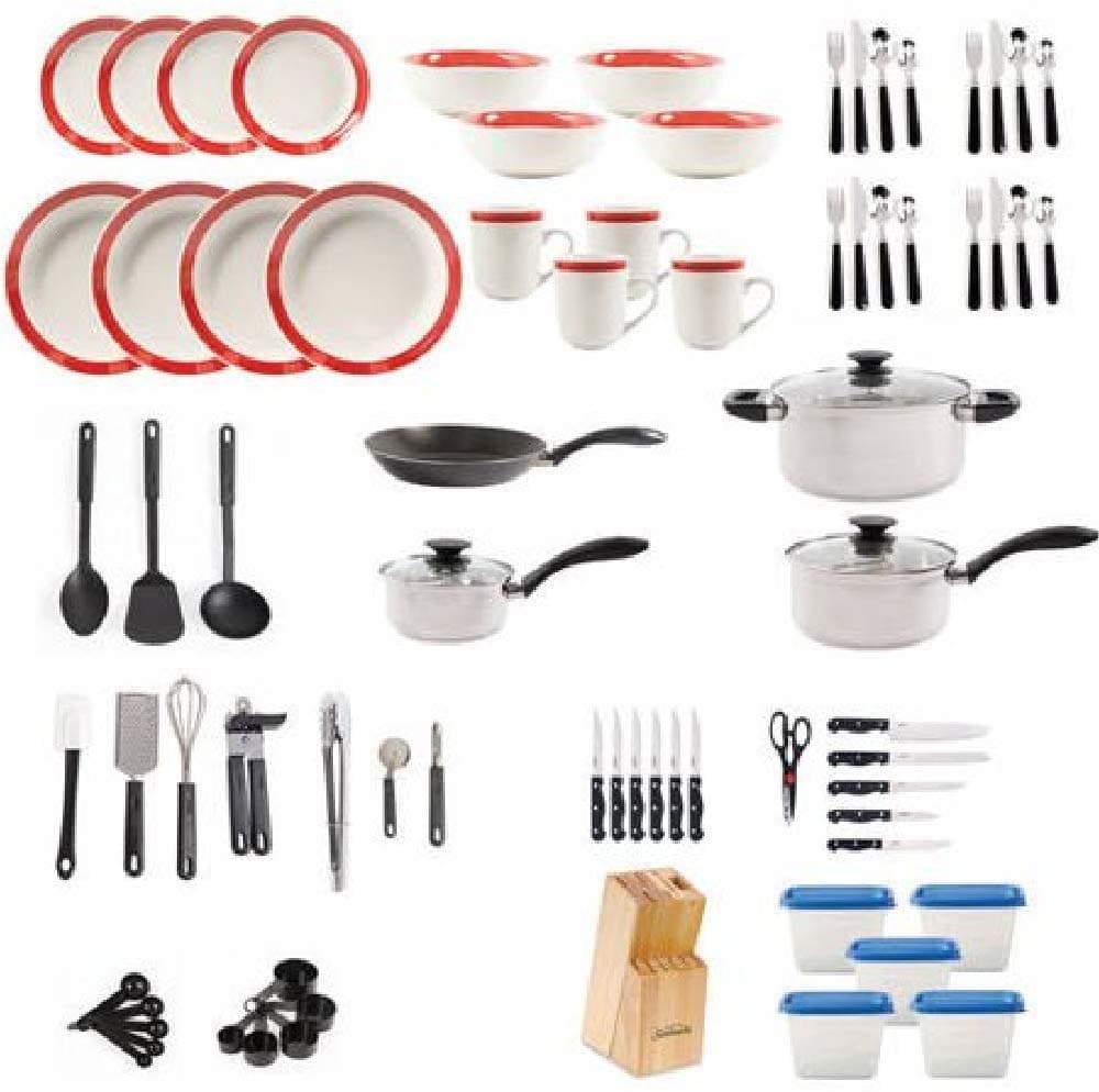 Gibson Home PrimaWare Kitchen Durable Non-stick Cookware Set Includes Cookware, Dinnerware, Tools & Gadgets, Cutlery, Food Storage, Flatware, And Prep Items (83-Piece) Aluminium - Red