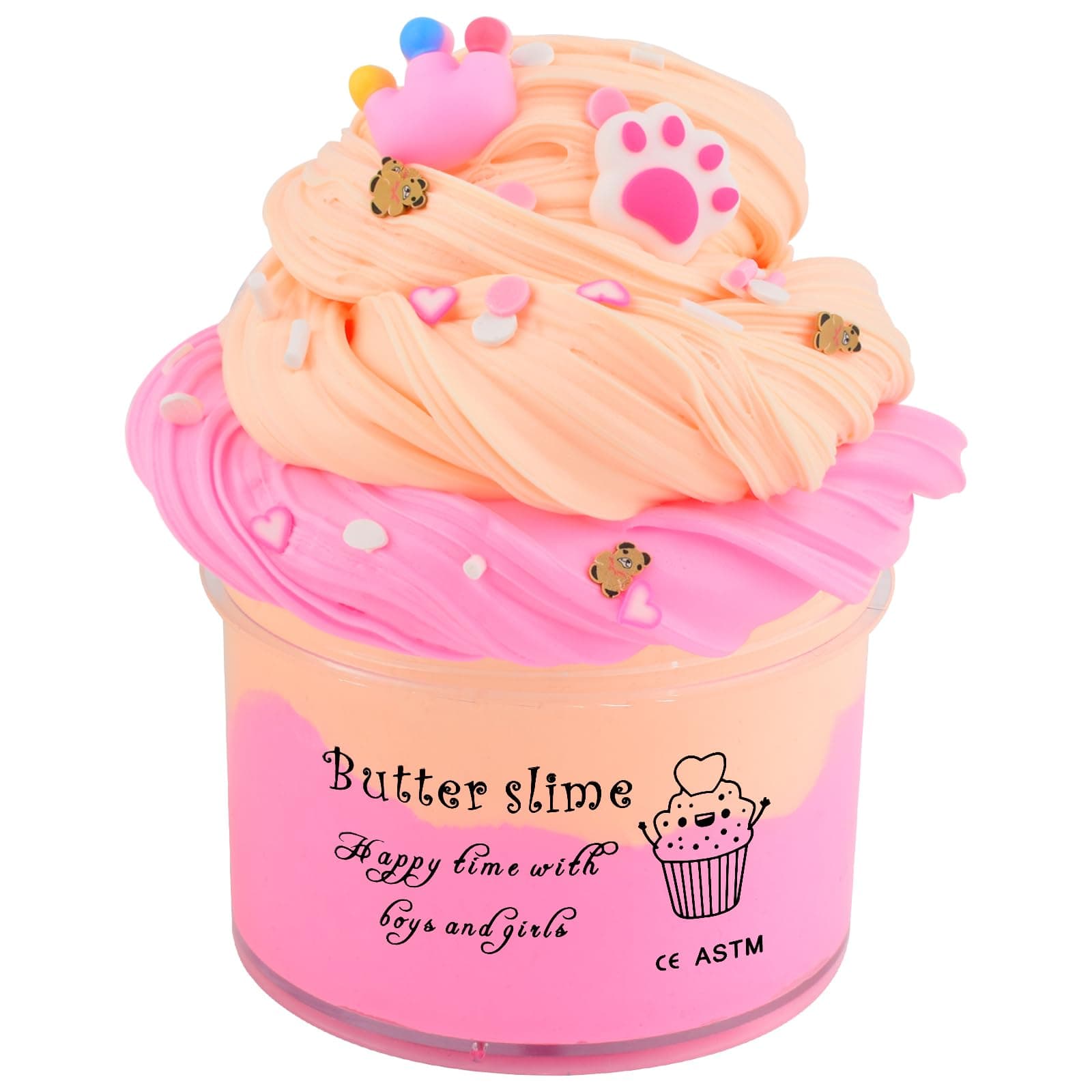 Deep Pink Peach Color Two-Toned Butter Slime,Cute Claws and Pink Crown Charms,Slime Making Kit,Scented Stress Relief Toys,Used as a Birthday Gift for Parties Party Favors for Kids Girls and Boys.