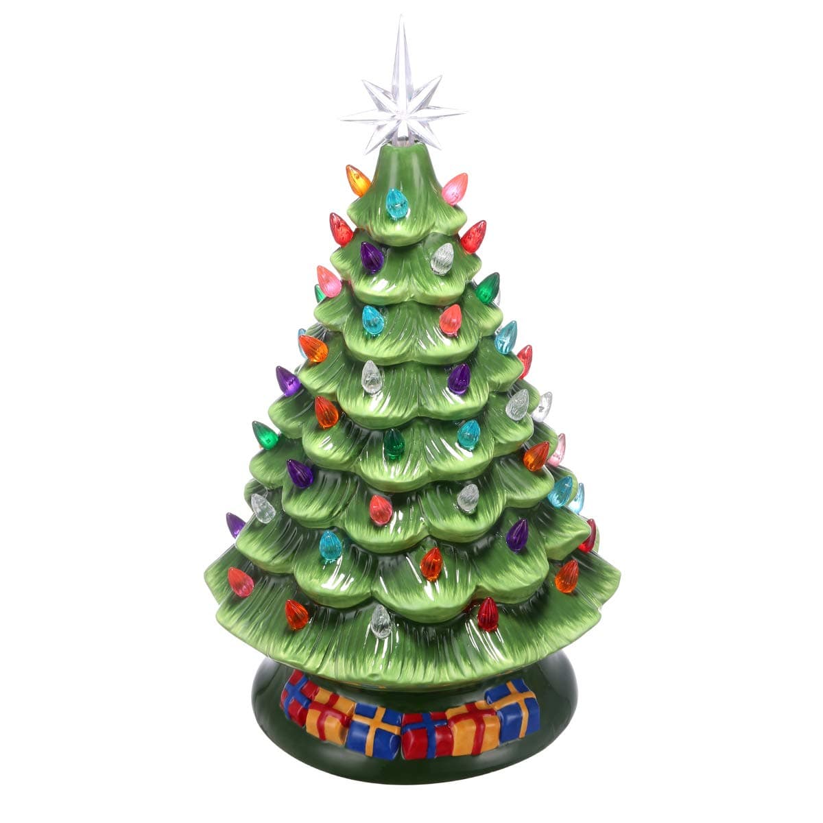 UNIFEEL 15in Pre-Lit Hand-Painted Ceramic Vintage Tabletop Artificial Christmas Tree Decor with 50 Multicolored Lights, Star Topper - Traditional Christmas Decoration Green