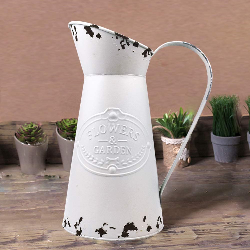 Shabby Chic Large Metal Jug Flower Pitcher Vase Primitive Jug Vase for Home Decoration Beige