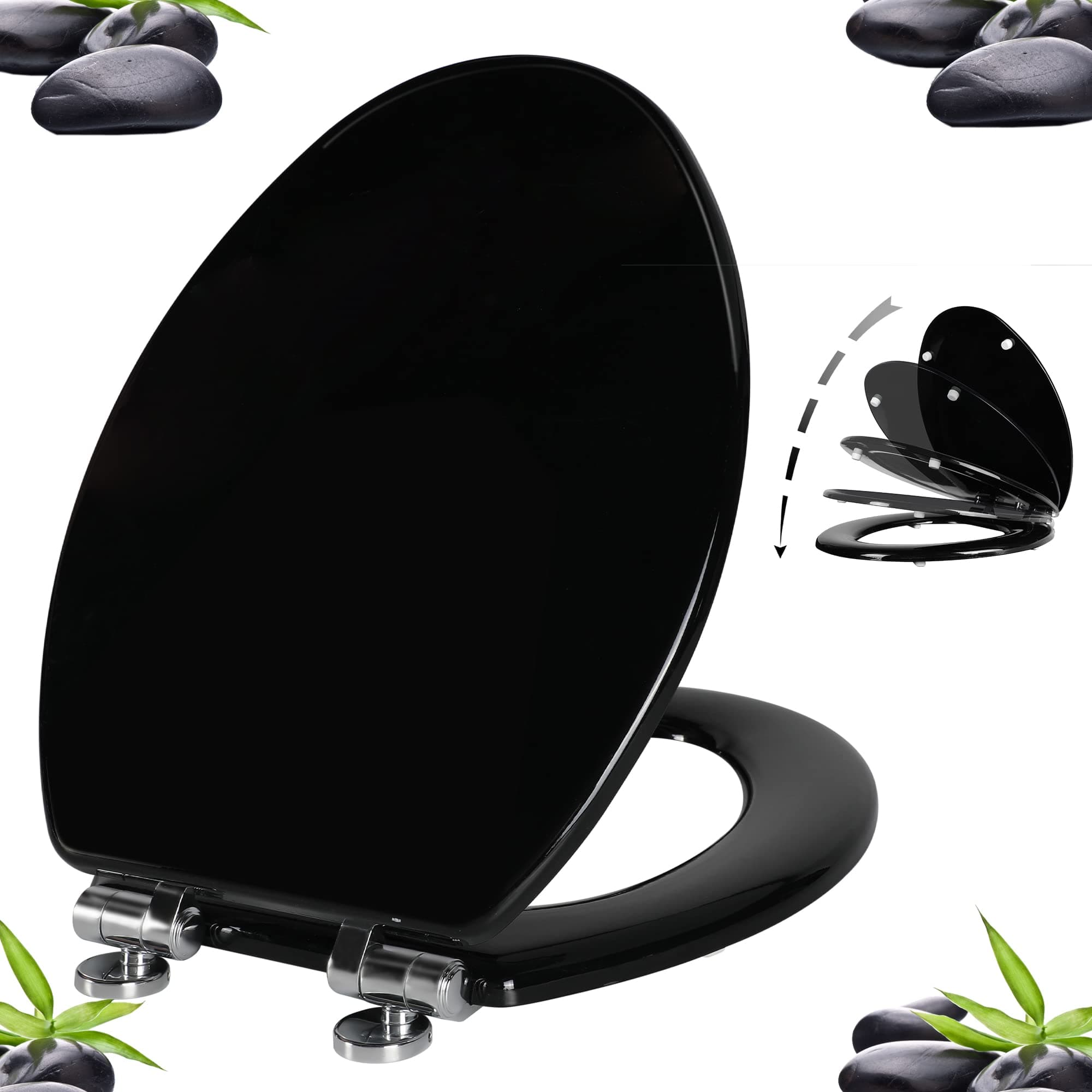 Angel Shield Toilet Seat with Zinc Alloy Hinges Quiet-Close Quick-Release Wood Molded UV Lid Easy Clean(Elongated,Black)