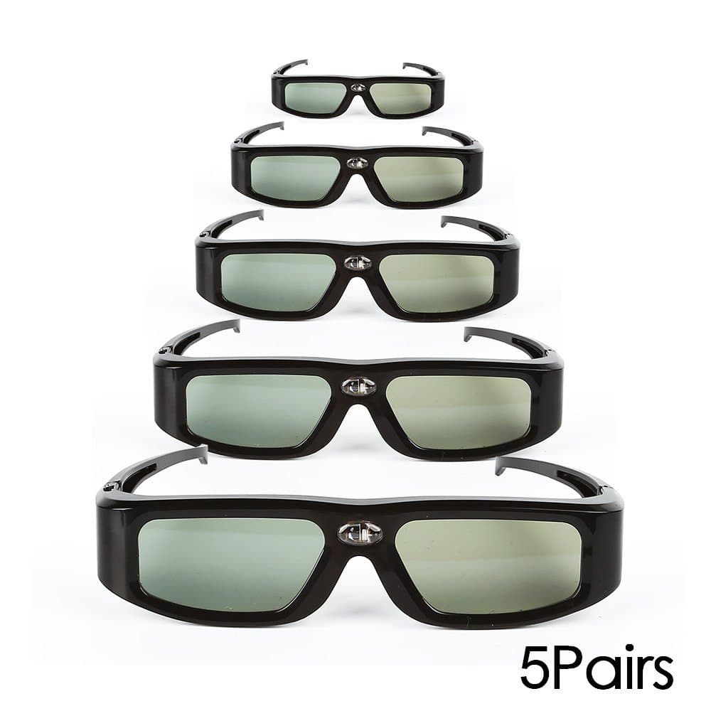 SainSonic 3D Active Shutter Glasses 10M 144Hz Rechargeable Infrared for Acer ViewSonic BenQ Vivitek Optoma 3D DLP-Link Ready Projector (5 Pack, GX Black)