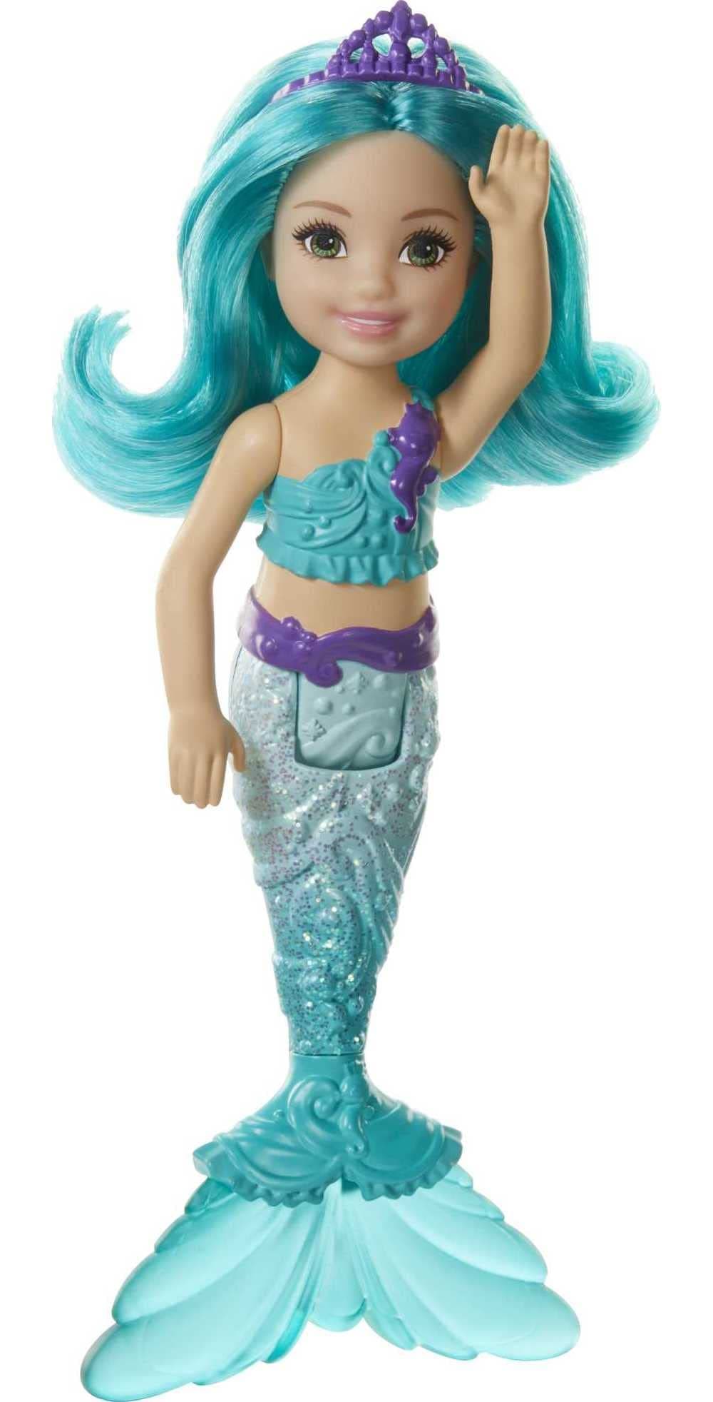 Barbie Dreamtopia Chelsea Mermaid Doll with Teal Hair & Tail, Royal Headband Accessory, Small Doll Bends at Waist