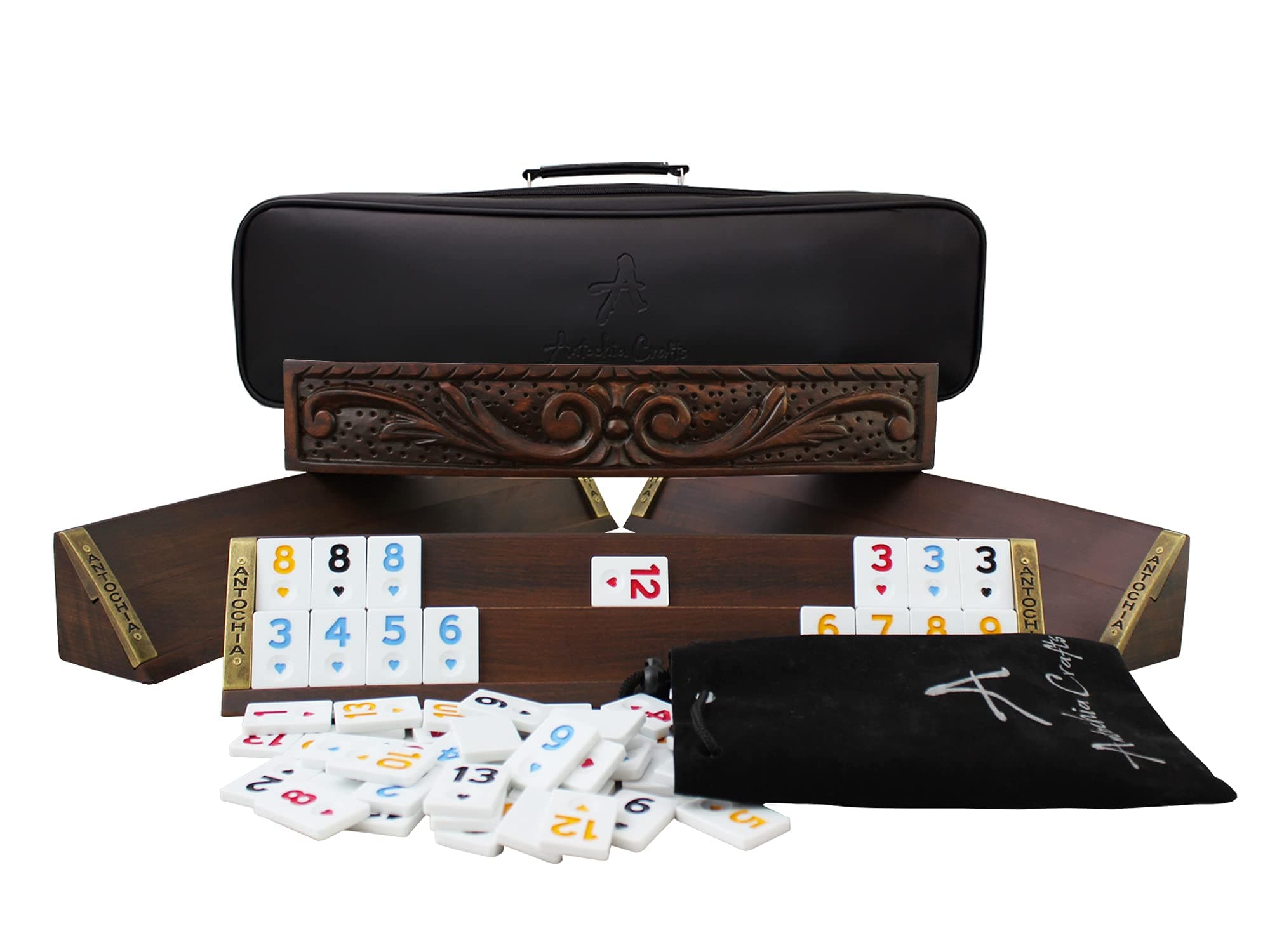 Antochia Hand Carved Oval Rummy Cube - Wooden Racks - Turkish Okey - Complete Set