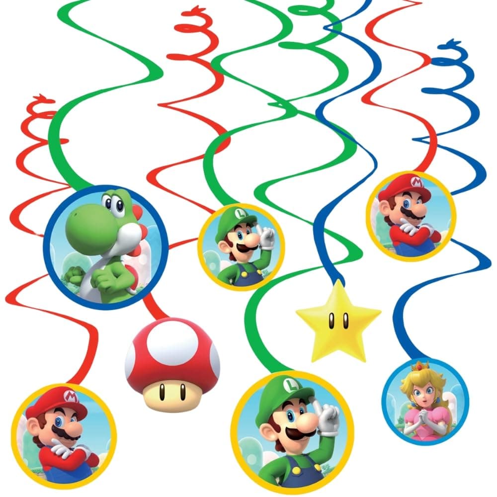Swirl Hanging Decorations - 5" & 7" (Pack of 12) - Perfect for Themed Parties & Events, Super Mario Brothers