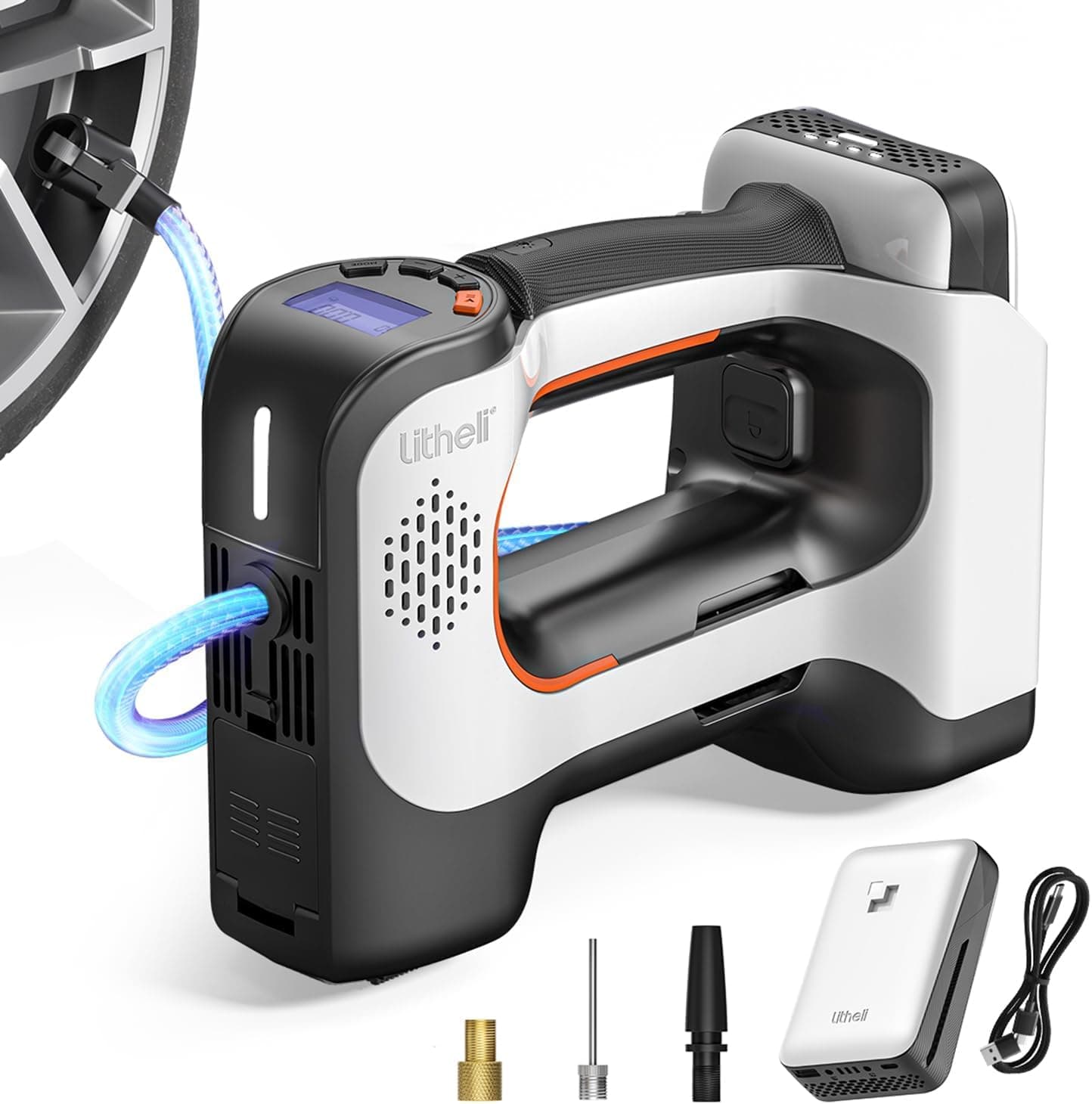 Litheli Cordless Air Compressor, 20V Portable Air Compressor, Cordless Tire Pump for Car, Bike, Sport Ball, Battery Tire Inflator, 3 Nozzle Adapters, 150 PSI, with 2.0 Ah U-Battery