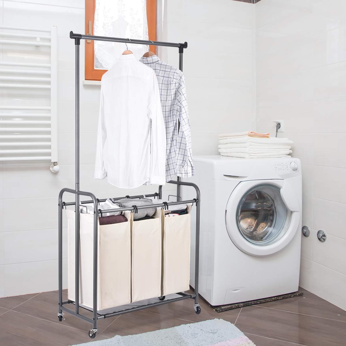 Laundry Sorter Cart on Wheels, Laundry Trolley Bin with Clothes Rod Hanging Bar, 3 Durable Detachable Oxford Bags Metal Frame Capacity 130 L(Beige)