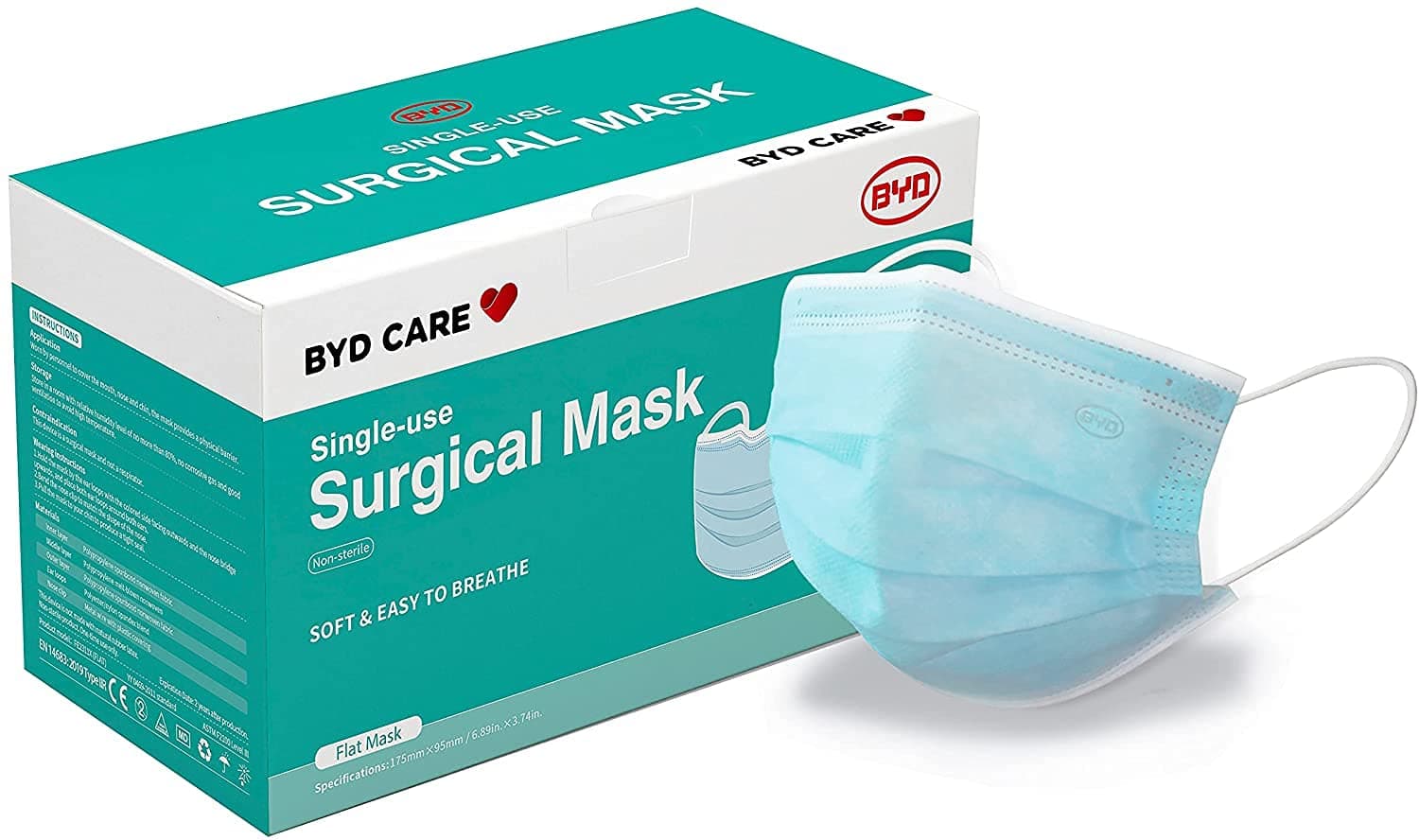 BYD CARE Single Use Disposable 3-Ply Mask, ASTM Level 3, Daily protection for men and women for Home, Office, School, Restaurants, Gyms, Outdoor and Indoor, Box of 50 PCs