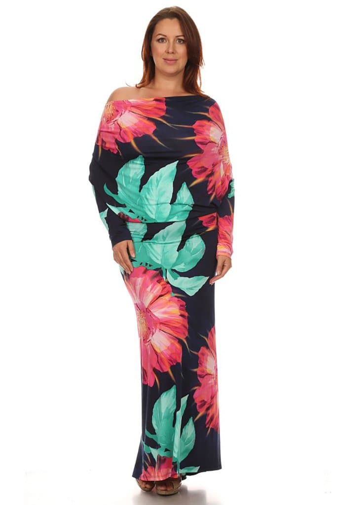 Hawaiian MULTI WAY Reversible PLUNGING MAXI DRESS Off One Shoulder Halter - Navy Hawaiian - 1XL